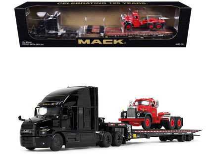 Mack Anthem Sleeper and Landoll 440B-50CA Traveling Axle Trailer Black with Mack B-61 Day Cab Load Red "Mack Anniversary" 1/64 Diecast Model by DCP/First Gear  free shipping USA