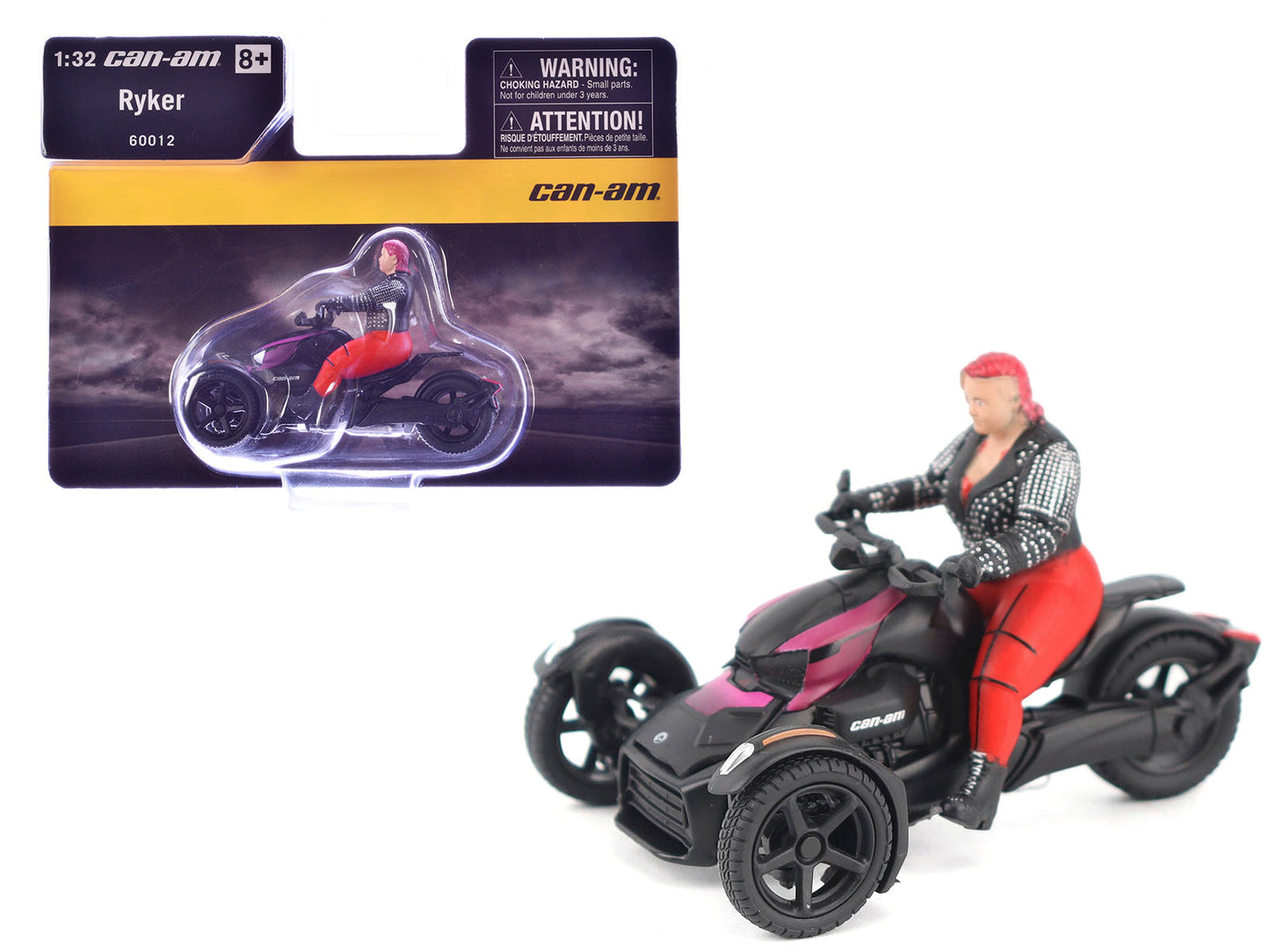 Can-Am Ryker 3-Wheel Motorcycle Pink Punk and Black with Driver Figure 1/32 Diecast Model by BRP Models  free shipping USA