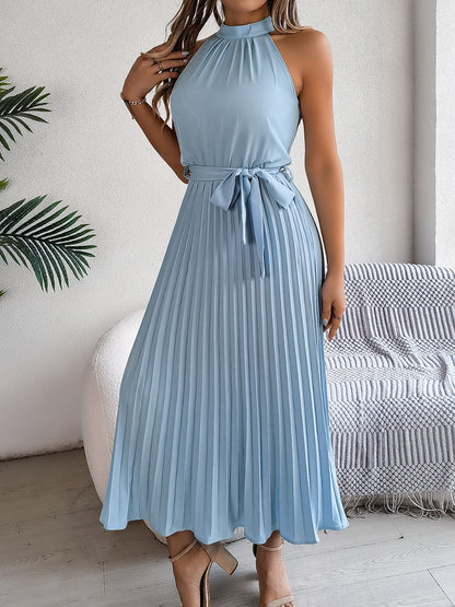 Grecian Neck Tie Waist Pleated Dress
