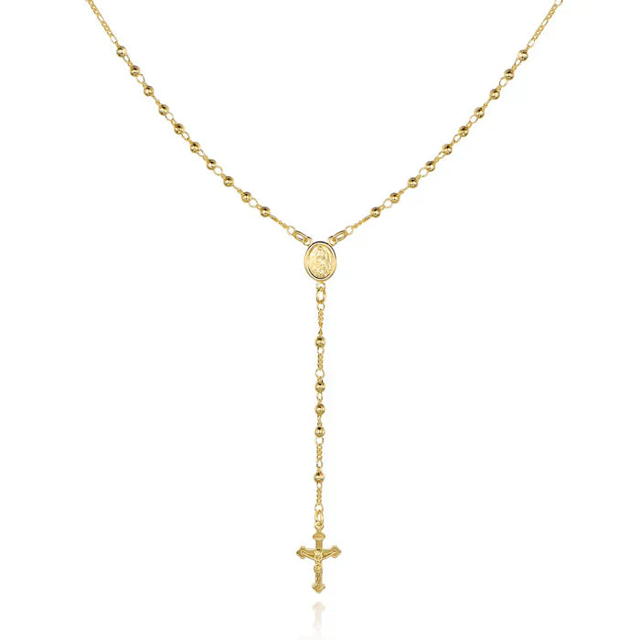 RMZ GOLD NYC Unisex 14K Gold Virgin Mary Rosary Bead Cross Necklace 18''