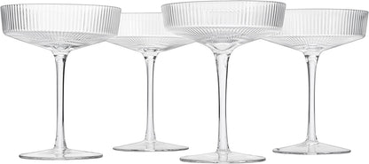 Ribbed Coupe Cocktail Glasses 8 oz | Set of 4 | Classic Manhattan Glasses For Cocktails, Champagne Coupe, Ripple Coupe Glasses, Art Deco Gatsby Vintage, Crystal with Stems (Clear) by The Wine Savant