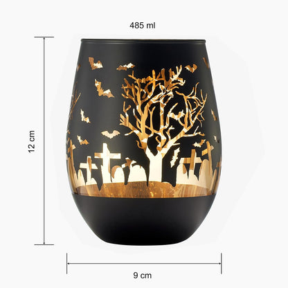 Crystal Halloween Stemless Wine Glass - Set of 2 - Themed Vibrant Black & Gold Etched Spooky Graveyard Pattern Frosted Glass, Perfect for Themed Gothic Parties Trick Or Treat Gift For Him Her (16 OZ) by The Wine Savant