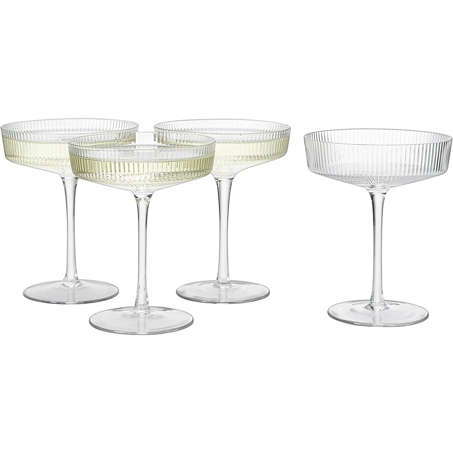Ribbed Coupe Cocktail Glasses 8 oz | Set of 4 | Classic Manhattan Glasses For Cocktails, Champagne Coupe, Ripple Coupe Glasses, Art Deco Gatsby Vintage, Crystal with Stems (Clear) by The Wine Savant