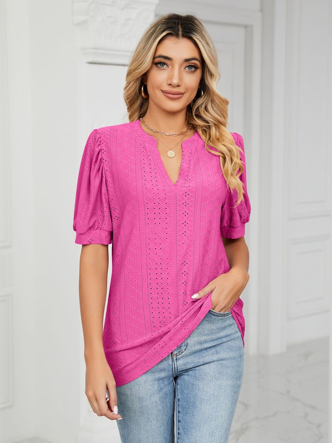 Florira Eyelet Notched Short Sleeve T-Shirt