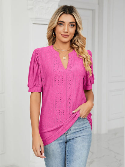 Florira Eyelet Notched Short Sleeve T-Shirt