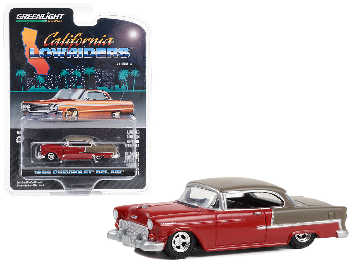 1955 Chevrolet Bel Air Lowrider Ruby Red and Matt Bronze "California Lowriders" Series 3 1/64 Diecast Model Car by Greenlight  free shipping USA