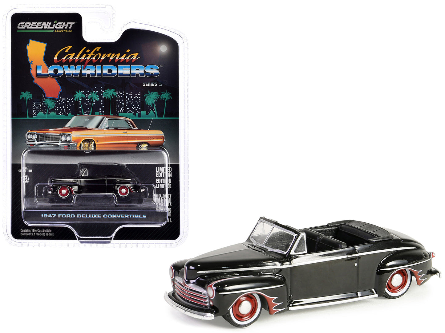1947 Ford Deluxe Convertible Lowrider Black wit h Red Graphics "California Lowriders" Series 5 1/64 Diecast Model Car by Greenlight  free shipping USA