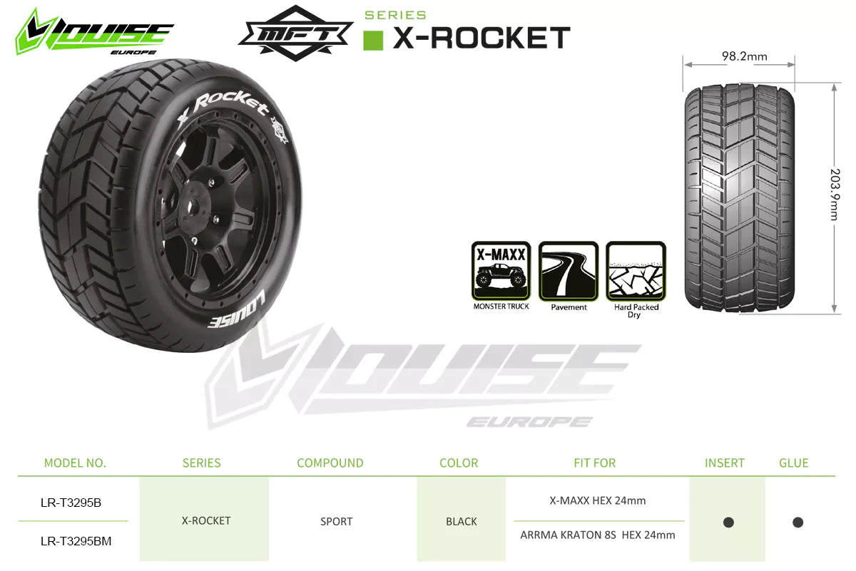 Louise RC MFT X-Rocket Monster Truck Belted Tires Mounted 24mm Hex Arrma Kraton 8S (2) LT3295BM
