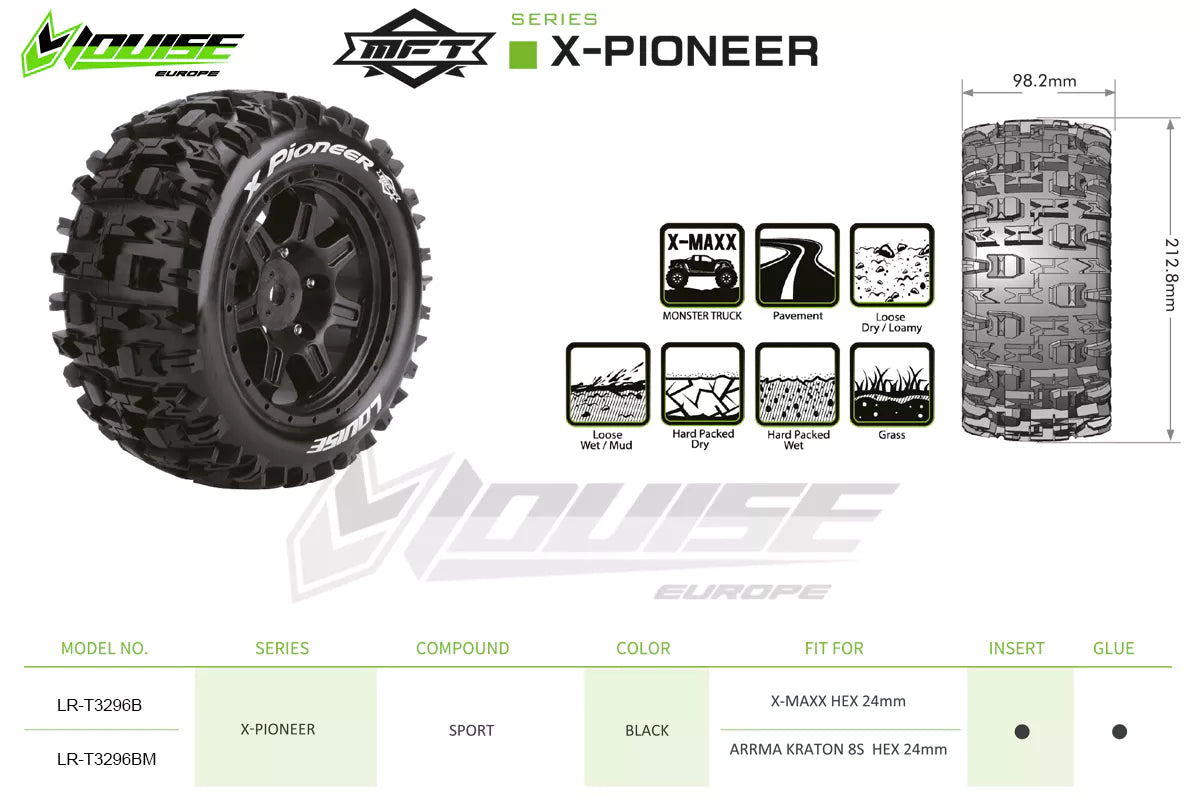 Louise R/C MFT X-Pioneer X-MAXX Sport Monster Truck Tires Mounted, 24mm Hex, (2) LT3296B