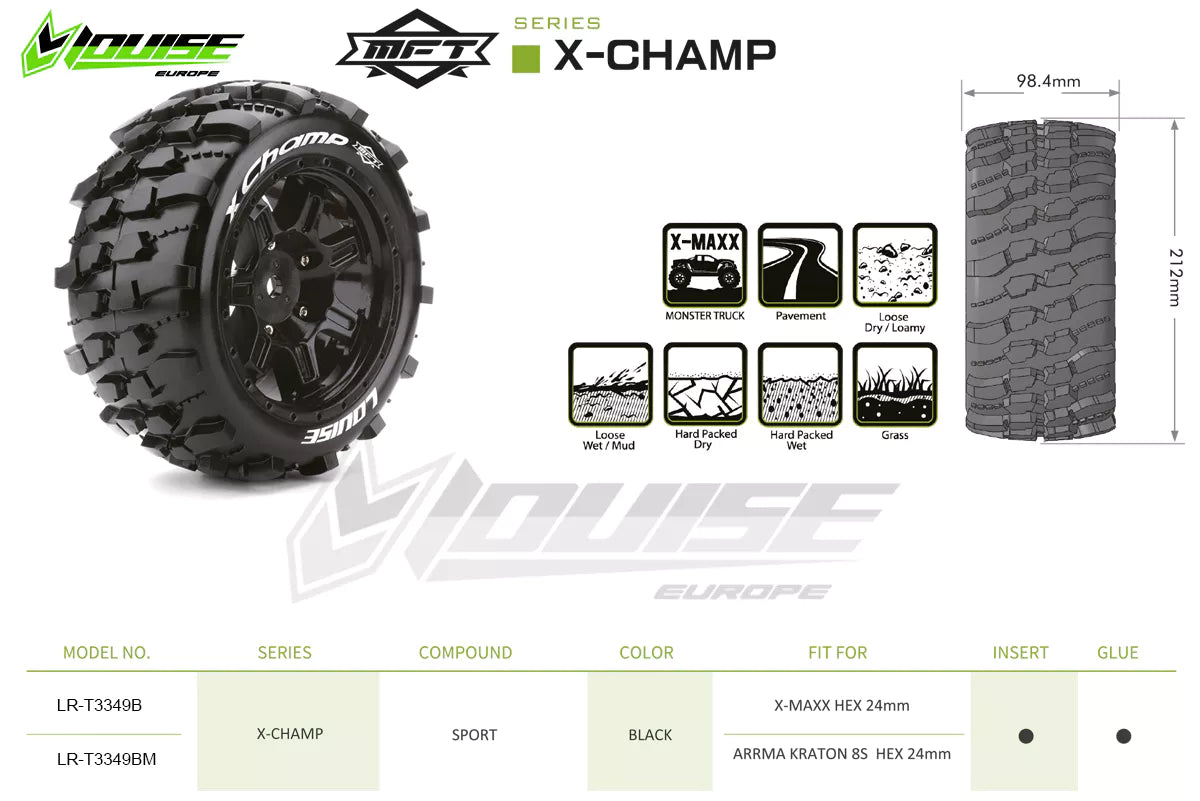 Louise RC MFT X-Champ Monster Truck Belted Tires Mounted 24mm Hex Kraton 8S (2) LT3349BM