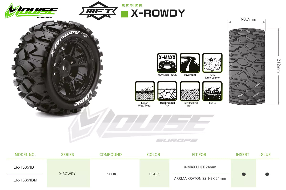 Louise R/C MFT X-Rowdy X-MAXX XRT Sport Monster Truck Tires, 24mm Hex, (2) LT3351B