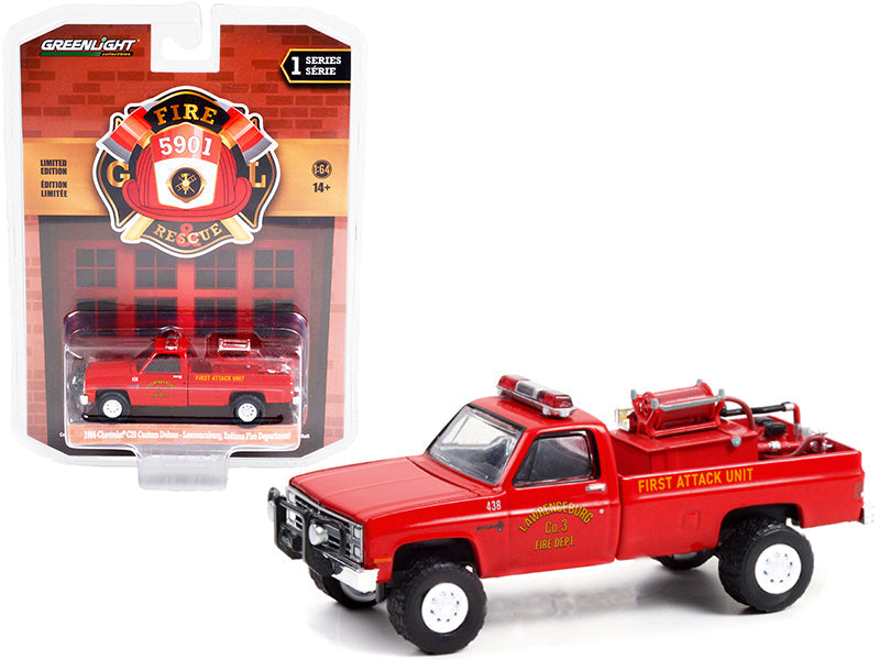 1986 Chevrolet C20 Custom Deluxe Pickup Truck Red First Attack Unit Fire Equipment and Hose and Tank "Lawrenceburg Fire Department" (Indiana) "Fire & Rescue" Series 1 1/64 Diecast Model Car by Greenlight  free shipping USA