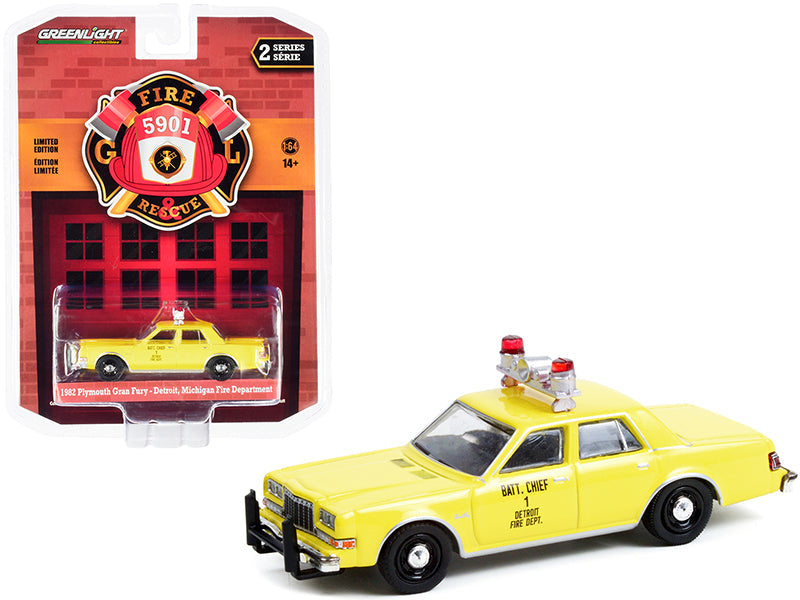 1982 Plymouth Gran Fury Yellow "Detroit Fire Department Battalion Chief #1" (Michigan) "Fire & Rescue" Series 2 1/64 Diecast Model Car by Greenlight  free shipping USA