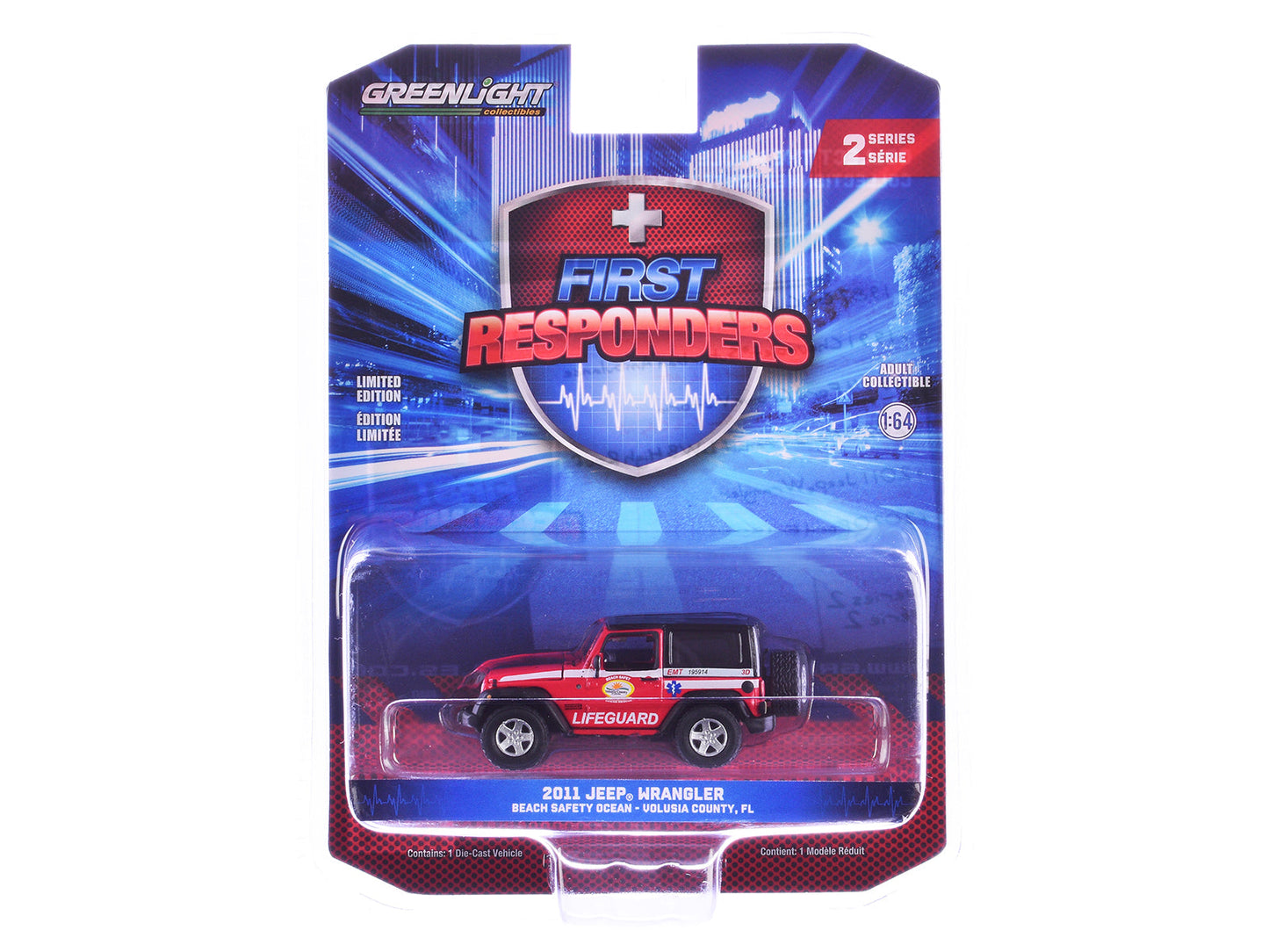 2011 Jeep Wrangler "Volusia County Florida Beach Safety Ocean Rescue Lifeguard/EMT" Red with White Stripes "First Responders" Series 2 1/64 Diecast Model Car by Greenlight  free shipping USA