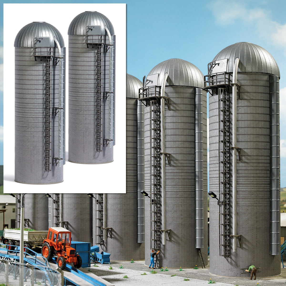 Busch 1913 HO Scale Tall Concrete Farm Silos Kit, 2-Pack