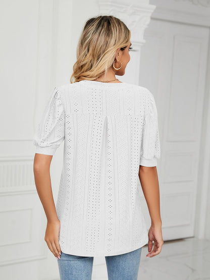 Florira Eyelet Notched Short Sleeve T-Shirt