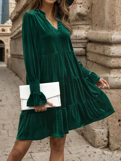 Perfee Notched Long Sleeve Tiered Dress
