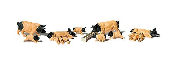 Preiser 10149 HO Scale Pigs Light Brown & Black pkg(8)