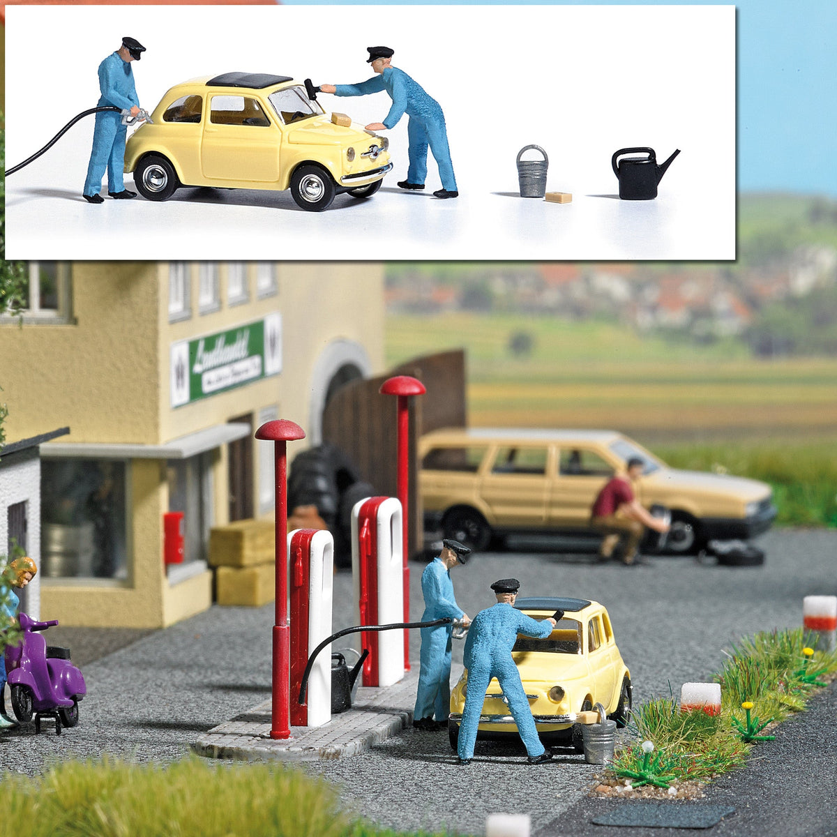 Busch 7820 HO Scale Gas Station Action Set, Fiat 500