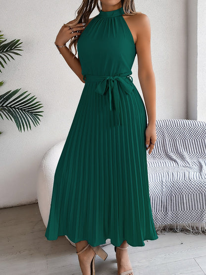 Grecian Neck Tie Waist Pleated Dress