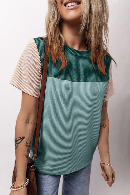 Color Block Round Neck Short Sleeve T-Shirt