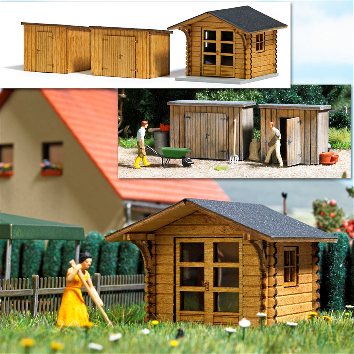 Busch 1529 HO Scale Wood Garden Shed & 2 Tool Sheds Kits