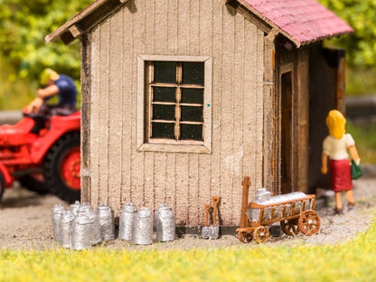 Noch 13725 HO Scale Dairy Detail Set -- Milk Cart, 10 Milk Cans, 2 Shovels
