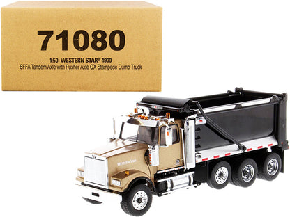 Western Star 4900 SFFA Tandem with Pusher Axle OX Stampede Dump Truck Gold and Black "Transport Series" 1/50 Diecast Model by Diecast Masters  free shipping USA