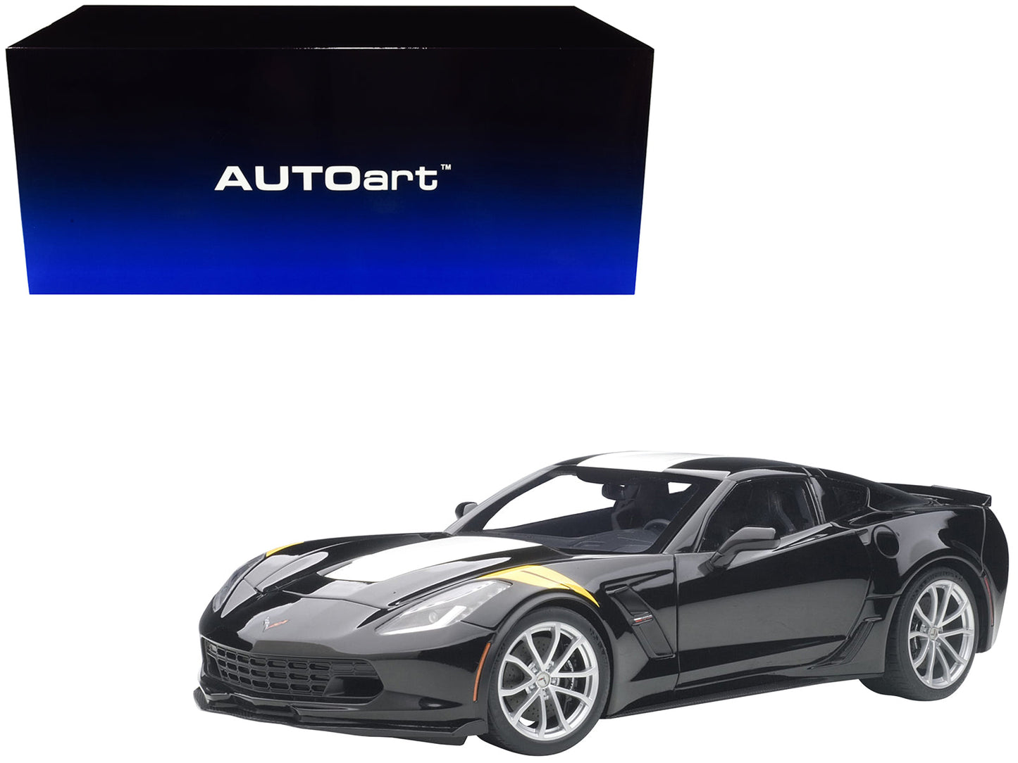 2017 Chevrolet Corvette C7 Grand Sport Black with White Stripe and Yellow Fender Hash Marks 1/18 Model Car by Autoart  free shipping USA