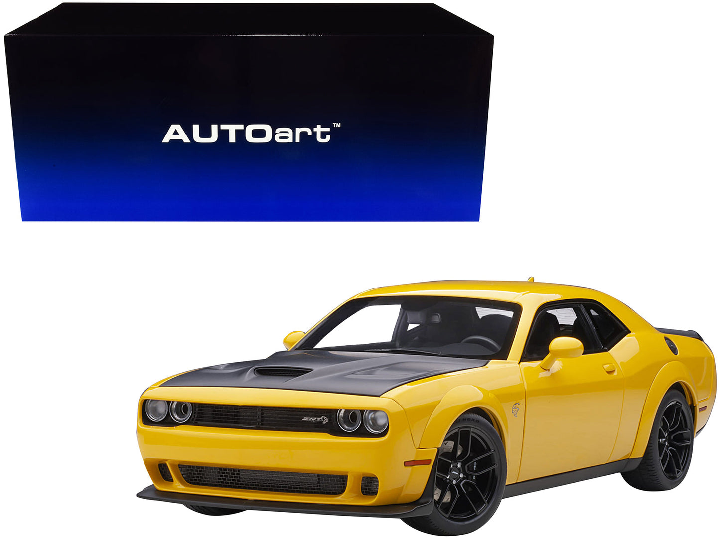 Dodge Challenger SRT Hellcat Widebody Yellow Jacket with Satin Black Hood 1/18 Model Car by Autoart  free shipping USA