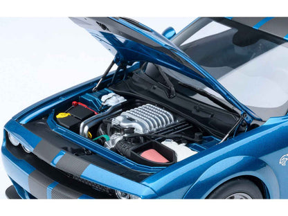 2023 Dodge Challenger SRT Super Stock Frostbite Blue Metallic with Carbon Stripes 1/18 Model Car by Autoart