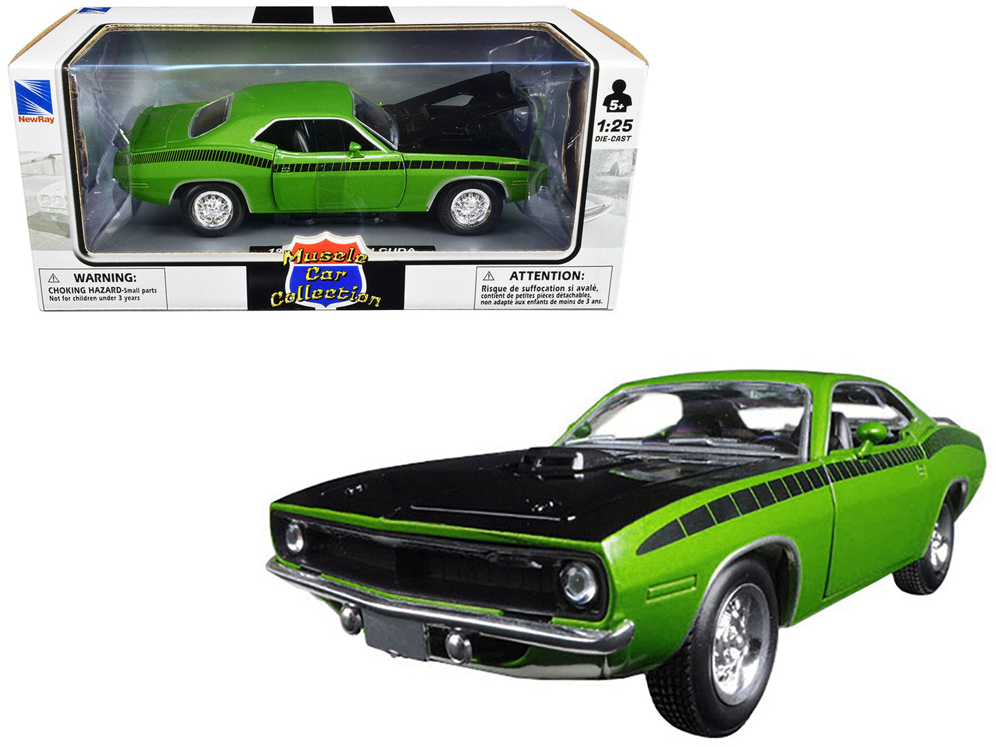 1970 Plymouth Barracuda Green with Black Hood and Stripes "Muscle Car Collection" 1/25 Diecast Model Car by New Ray  free shipping USA