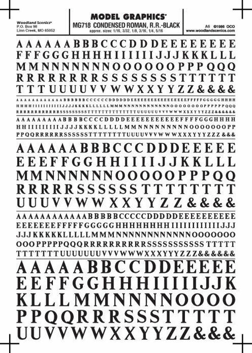 Woodland Scenics MG718 Cond Roman RR Letters Black 1/16-5/16" Train Decal Sheet