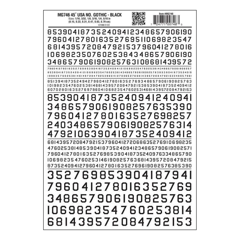 Woodland Scenics MG746 45 Deg USA Gothic Num Blk 1/16-5/16 Train Decal Sheet