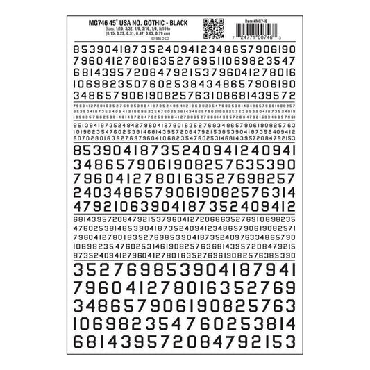 Woodland Scenics MG746 45 Deg USA Gothic Num Blk 1/16-5/16 Train Decal Sheet