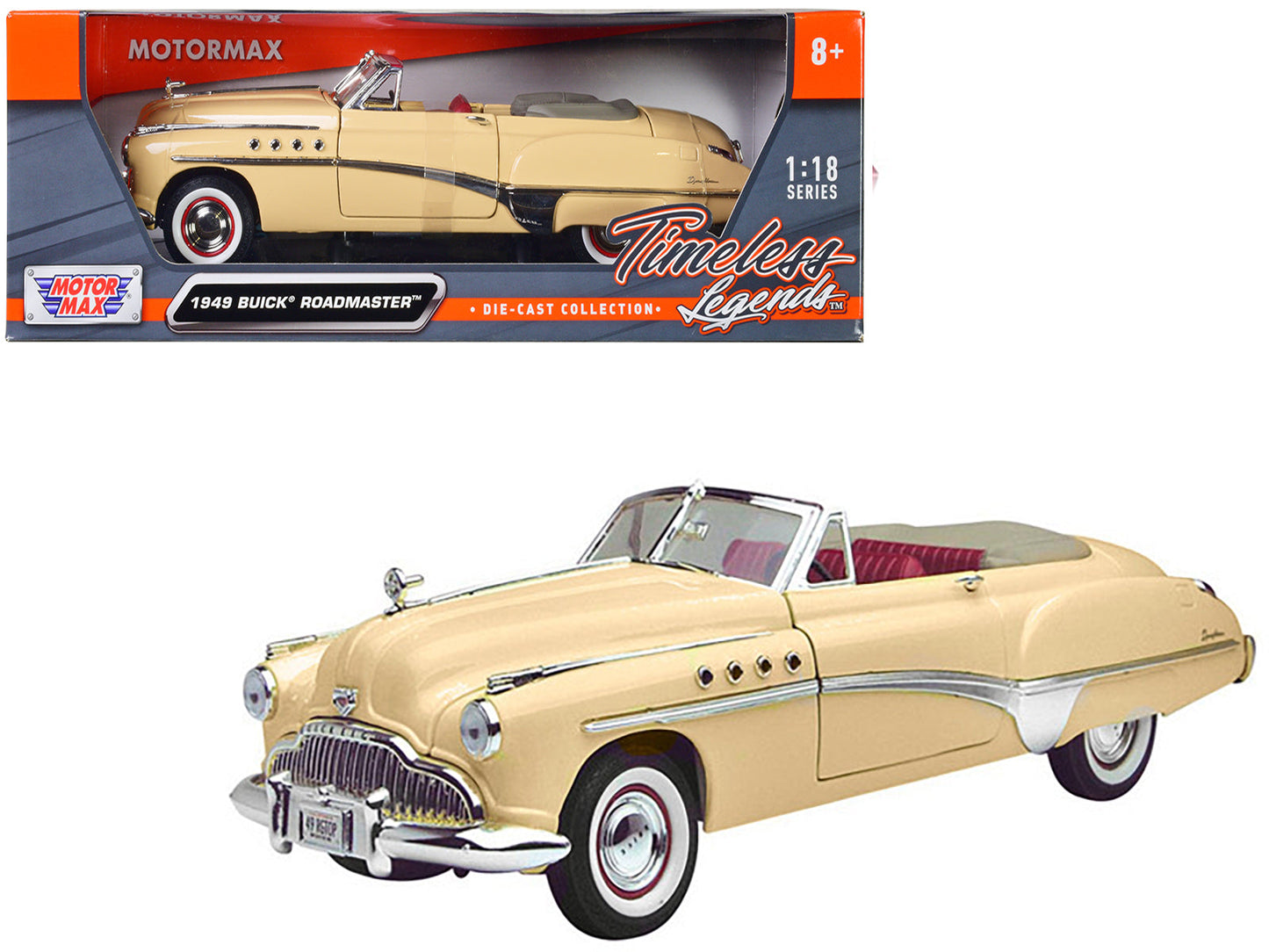 1949 Buick Roadmaster Cream with Red Interior 1/18 Diecast Model Car by Motormax  free shipping USA