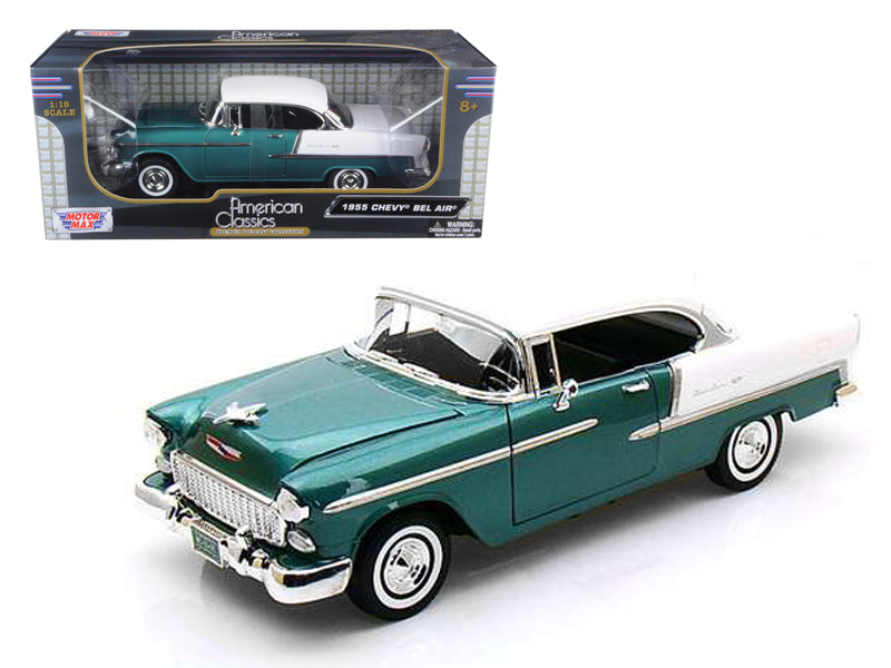 1955 Chevrolet Bel Air Hard Top Green Metallic and White 1/18 Diecast Model Car by Motormax  free shipping USA