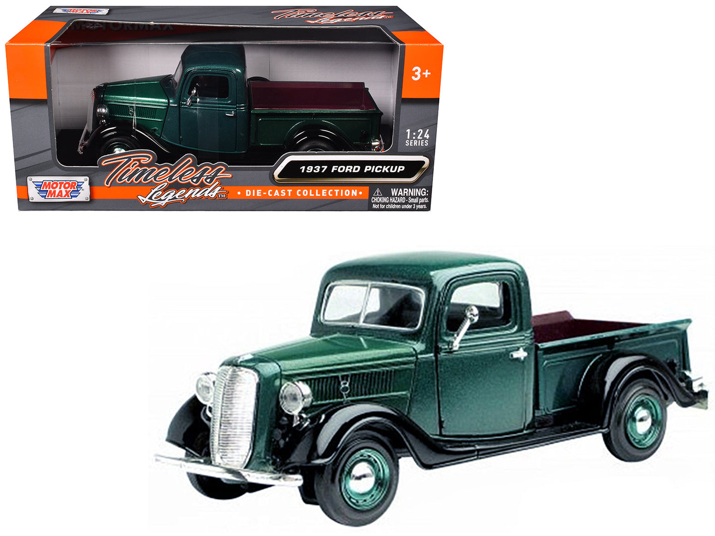 1937 Ford Pickup Truck Green and Black 1/24 Diecast Model Car by Motormax  free shipping USA