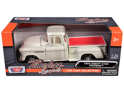 1955 Chevrolet 3100 Stepside Pickup Truck Cream with White Interior "Timeless Legends" Series 1/24 Diecast Model Car by Motormax  free shipping USA