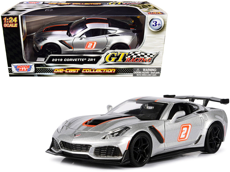 2019 Chevrolet Corvette ZR1 #2 Silver with Black and Orange Stripes "GT Racing" Series 1/24 Diecast Model Car by Motormax  free shipping USA