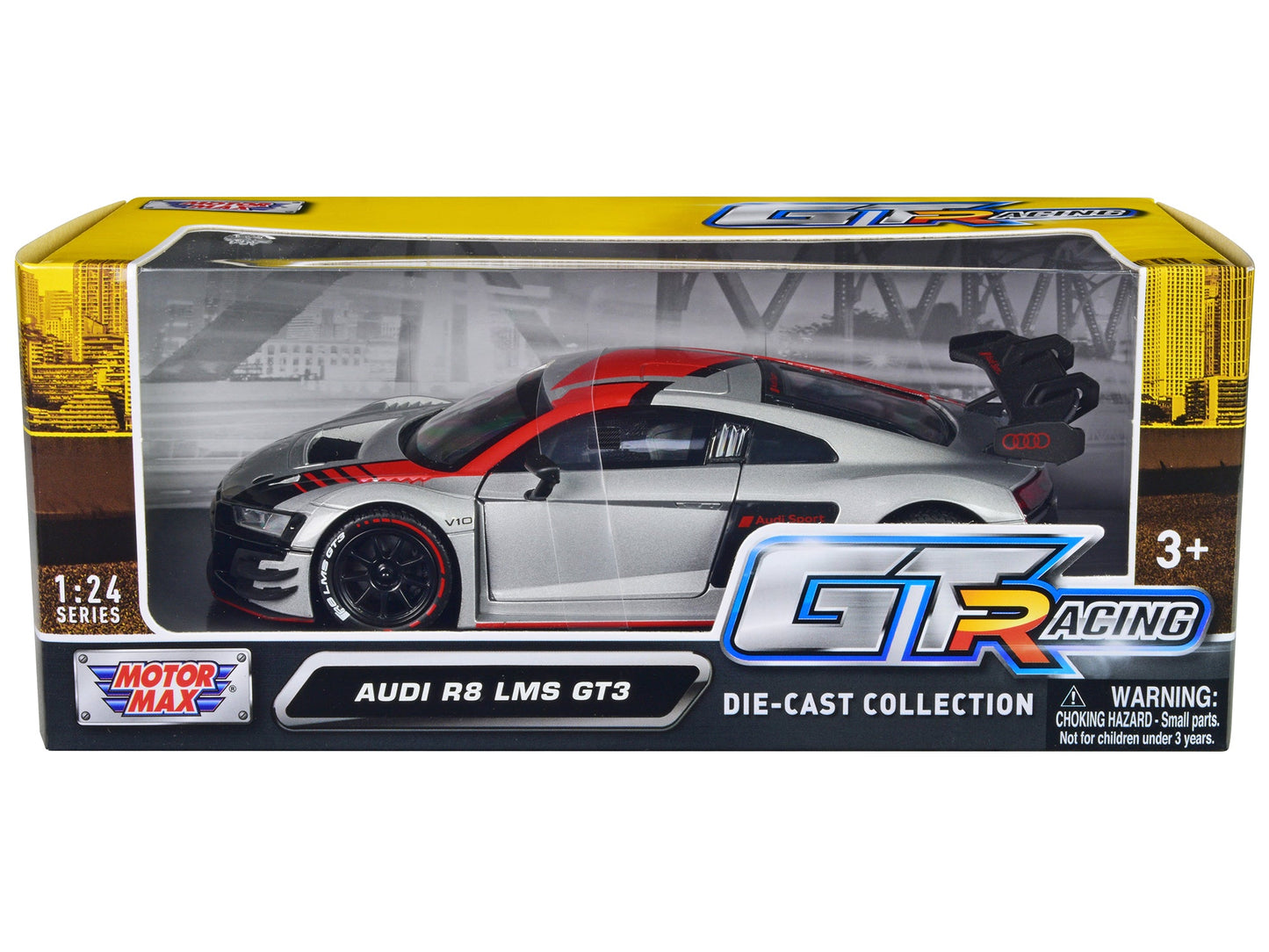 Audi R8 LMS GT3 Silver Metallic with Graphics "GT Racing" Series 1/24 Diecast Model Car by Motormax  free shipping USA