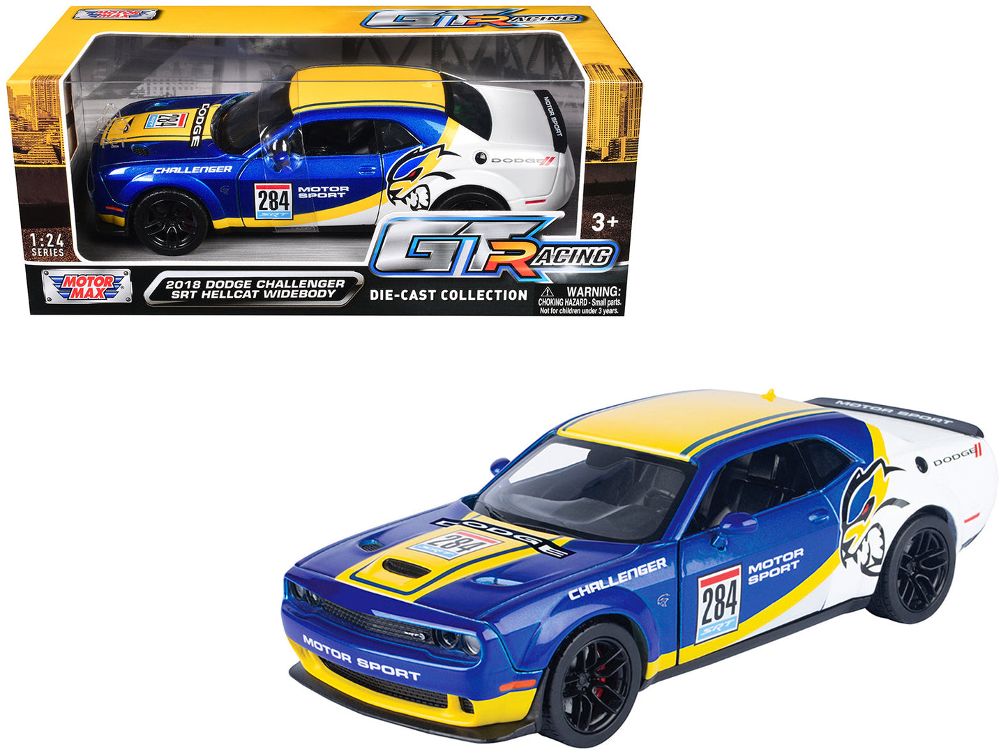 2018 Dodge Challenger SRT Hellcat Widebody #284 Blue Metallic and White with Yellow Graphics "GT Racing" Series 1/24 Diecast Model Car by Motormax  free shipping USA