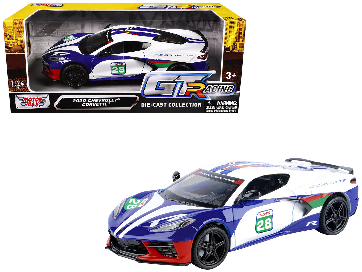 2020 Chevrolet Corvette #28 White with Blue Graphics "GT Racing" Series 1/24 Diecast Model Car by Motormax  free shipping USA
