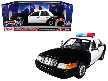 2001 Ford Crown Victoria Police Car Plain Black & White with Flashing Light Bar & Front and Rear Lights and Sound 1/18 Diecast Model Car by Motormax  free shipping USA