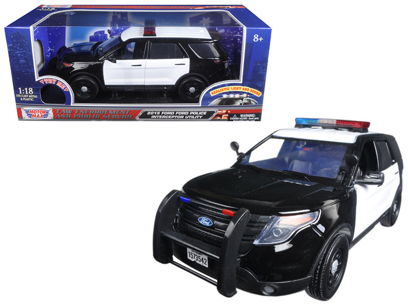 2015 Ford Police Interceptor Utility Black and White with Flashing Light Bar and Front and Rear Lights and 2 Sounds 1/18 Diecast Model Car by Motormax  free shipping USA