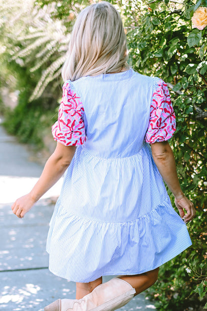 Stripe Contrast Floral Puff Sleeve Tiered Ruffle Dress by Poppy Lee Lane