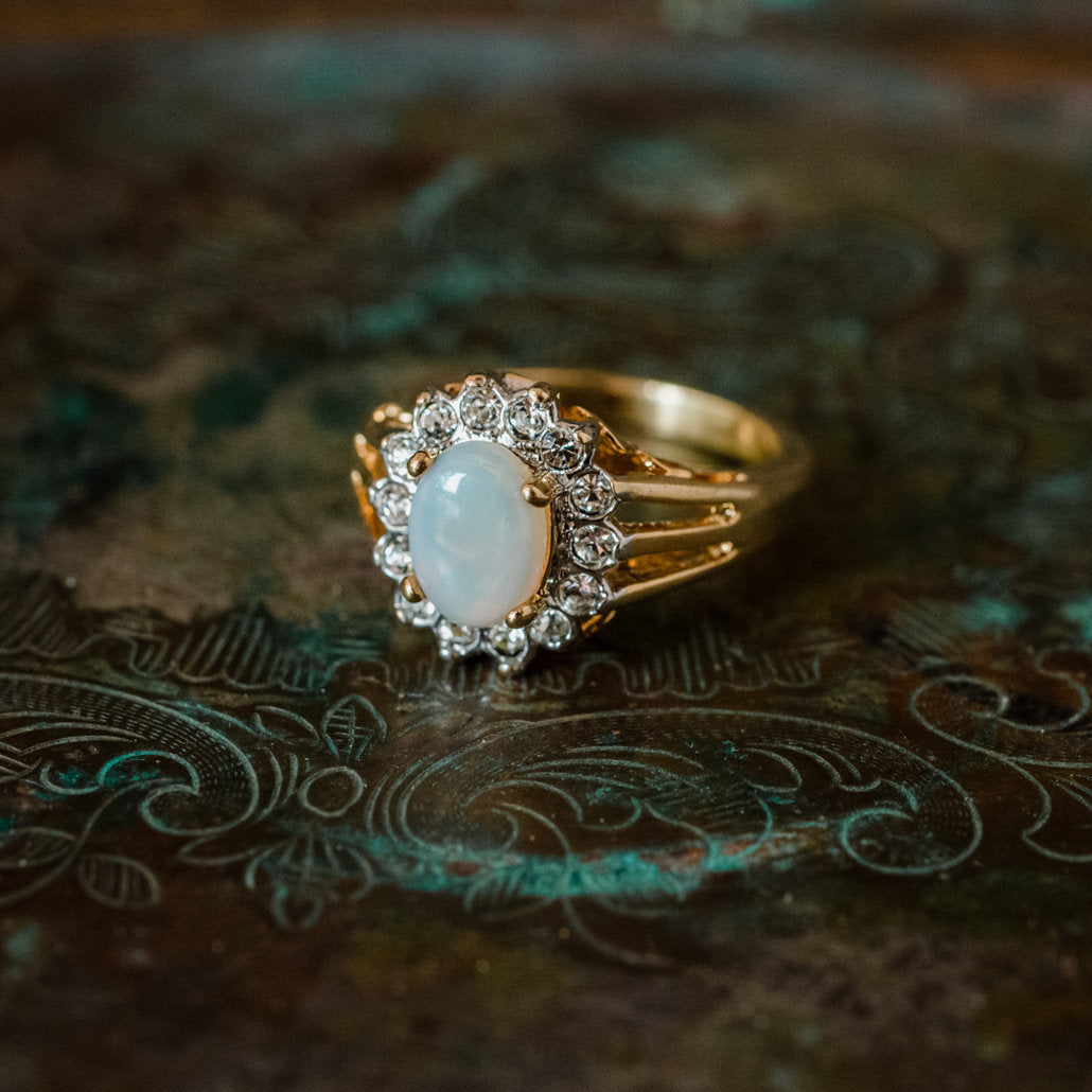 Vintage Jewelry Genuine Stone or Crystal Surrounded by Clear Austrian Crystals Ring Made in the USA by PVD Vintage Jewelry