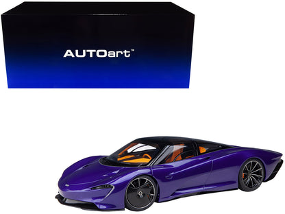 McLaren Speedtail Lantana Purple Metallic with Black Top and Yellow Interior and Suitcase Accessories  1/18 Model Car by Autoart  free shipping USA
