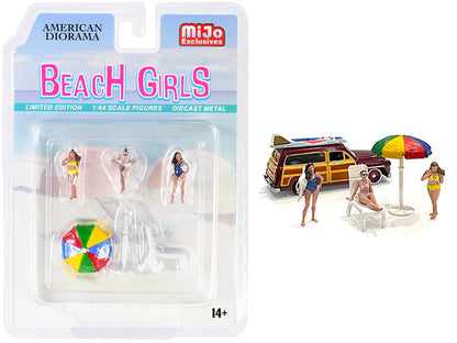 "Beach Girls" 5 piece Diecast Set (3 Figurines 1 Beach Chaise and 1 Beach Umbrella) for 1/64 Scale Models by American Diorama  free shipping USA