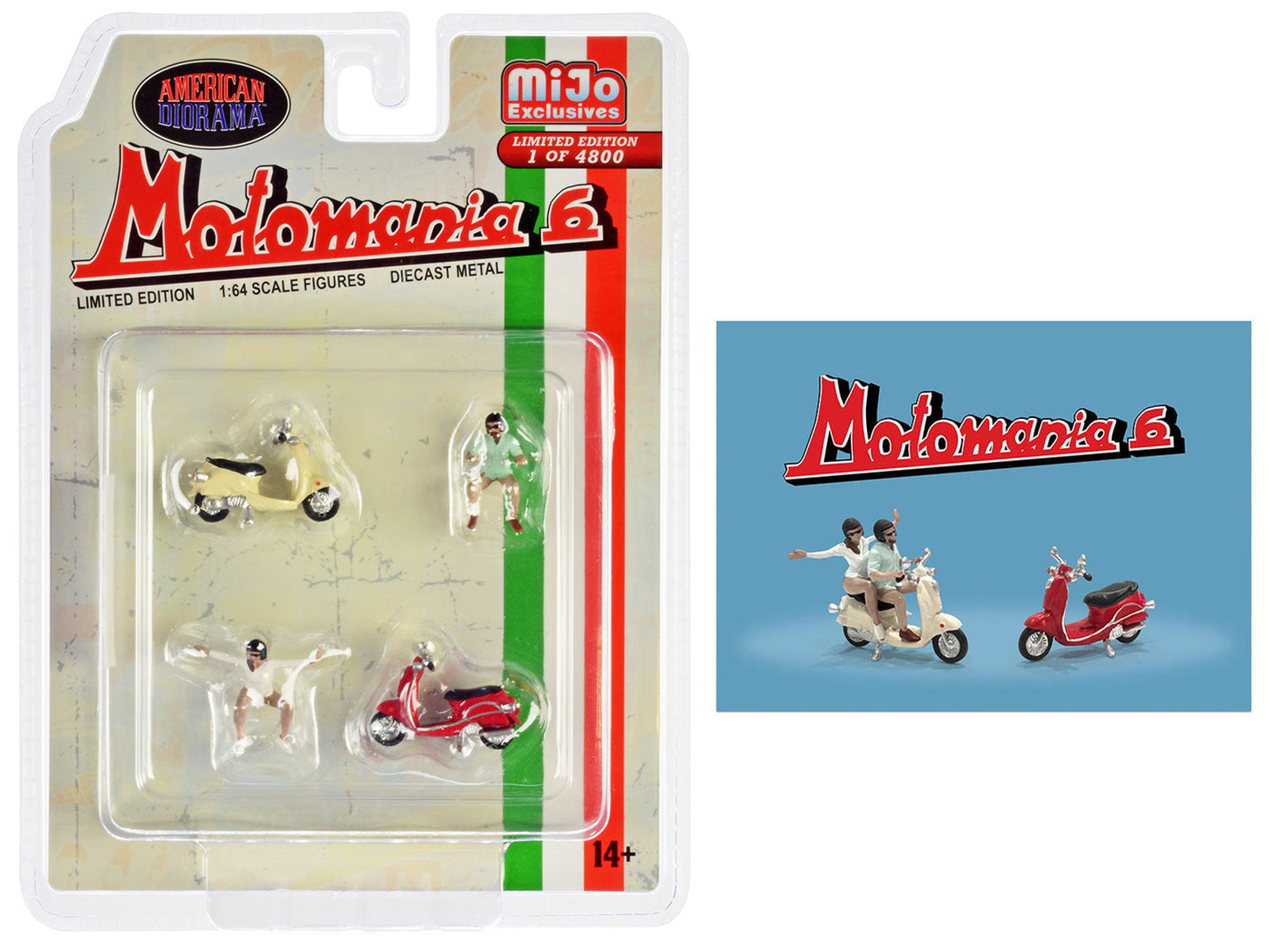 "Motomania 6" 4 piece Diecast Figure Set (2 Figures 2 Scooters) Limited Edition to 4800 pieces Worldwide 1/64 Scale Models by American Diorama  free shipping USA